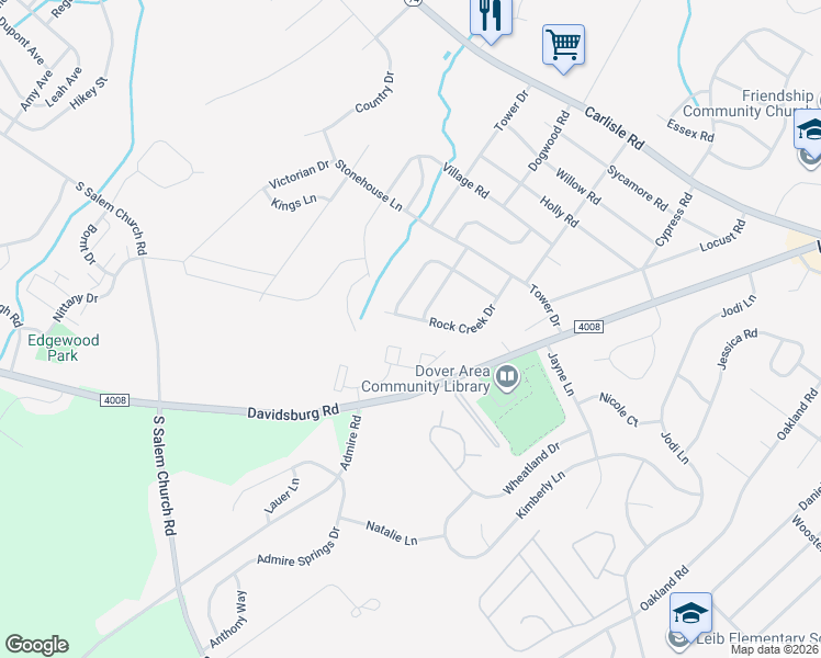 map of restaurants, bars, coffee shops, grocery stores, and more near 3650 Rock Creek Drive in Dover