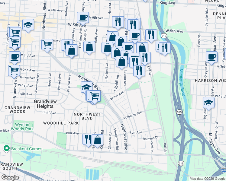 map of restaurants, bars, coffee shops, grocery stores, and more near 976 Hilo Lane in Columbus
