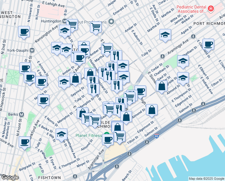 map of restaurants, bars, coffee shops, grocery stores, and more near 2364 East Harold Street in Philadelphia