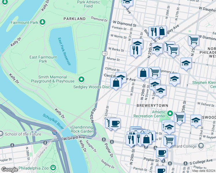 map of restaurants, bars, coffee shops, grocery stores, and more near 3211 West Oxford Street in Philadelphia