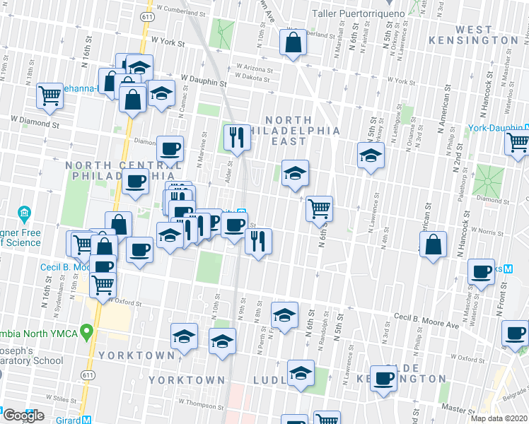 map of restaurants, bars, coffee shops, grocery stores, and more near 1928 North Darien Street in Philadelphia