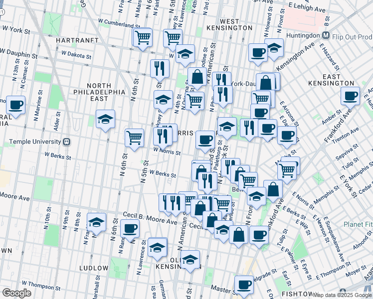 map of restaurants, bars, coffee shops, grocery stores, and more near 2004 North Bodine Street in Philadelphia
