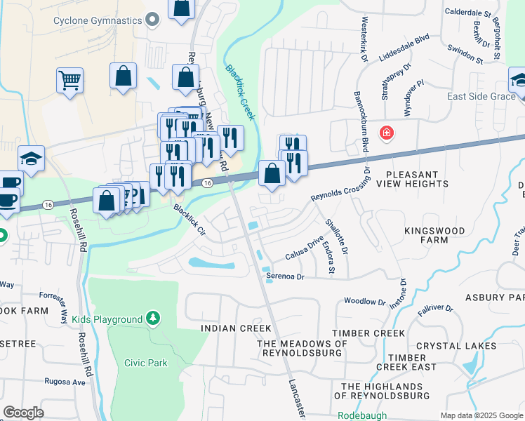 map of restaurants, bars, coffee shops, grocery stores, and more near 7114 Austrian Way in Reynoldsburg