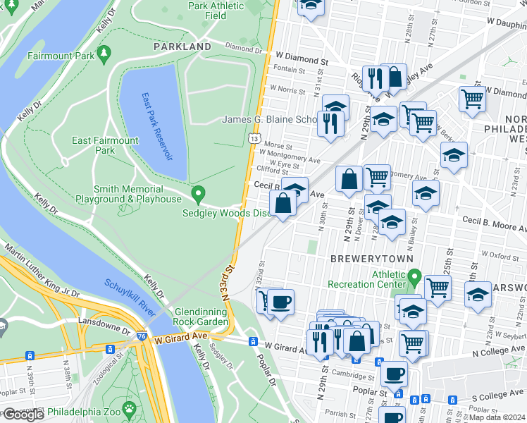 map of restaurants, bars, coffee shops, grocery stores, and more near 3211 West Oxford Street in Philadelphia