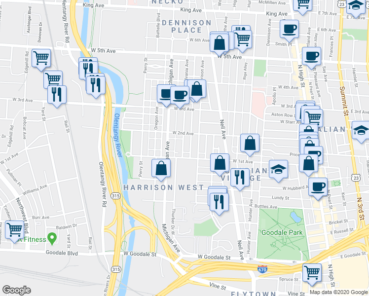 map of restaurants, bars, coffee shops, grocery stores, and more near 988 Pennsylvania Avenue in Columbus