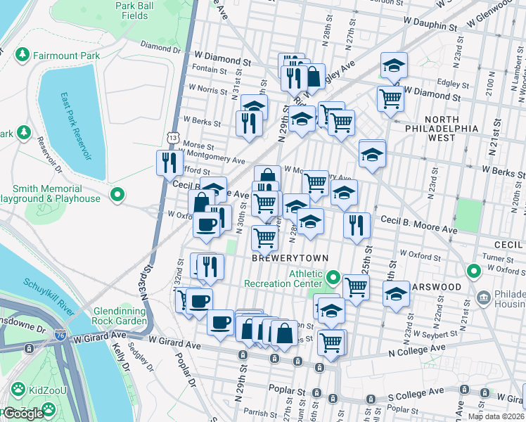 map of restaurants, bars, coffee shops, grocery stores, and more near 2910 Nicholas Street in Philadelphia