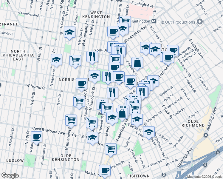 map of restaurants, bars, coffee shops, grocery stores, and more near 2038 North Front Street in Philadelphia