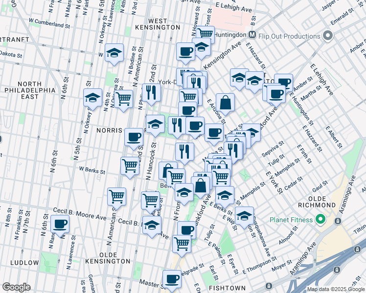 map of restaurants, bars, coffee shops, grocery stores, and more near 2038 North Front Street in Philadelphia
