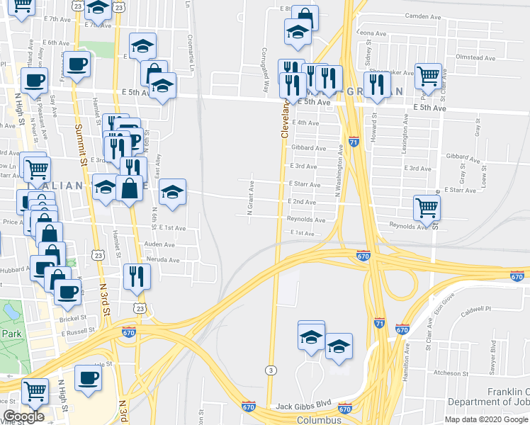 map of restaurants, bars, coffee shops, grocery stores, and more near 512 Reynolds Avenue in Columbus