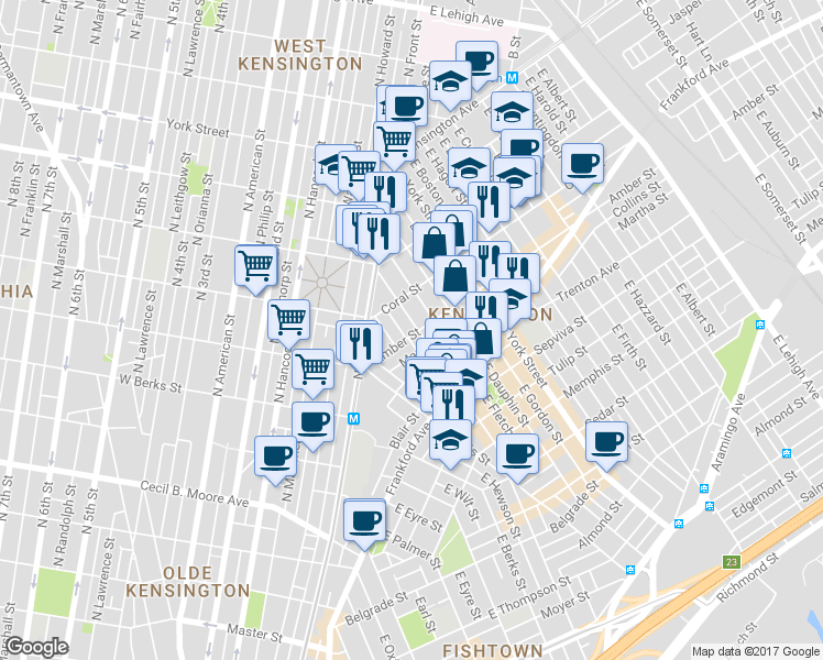 map of restaurants, bars, coffee shops, grocery stores, and more near 2082 East Susquehanna Avenue in Philadelphia