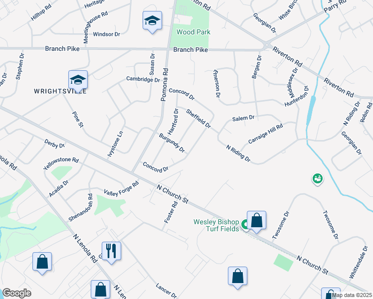 map of restaurants, bars, coffee shops, grocery stores, and more near 3200 Concord Drive in Cinnaminson