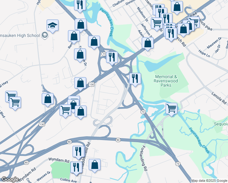 map of restaurants, bars, coffee shops, grocery stores, and more near 5 Kohlmyer Drive in Pennsauken