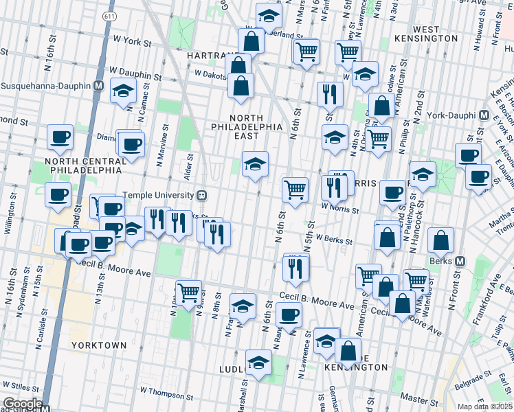 map of restaurants, bars, coffee shops, grocery stores, and more near 1940 North 7th Street in Philadelphia