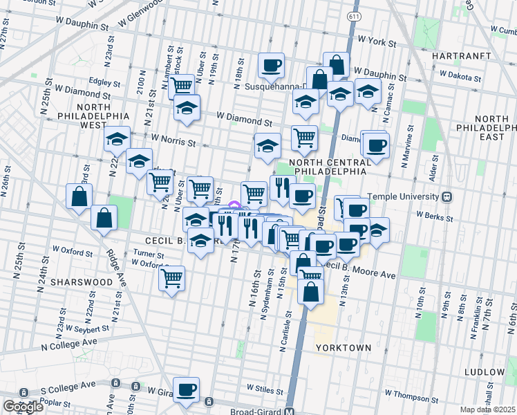 map of restaurants, bars, coffee shops, grocery stores, and more near 1825 Willington Street in Philadelphia