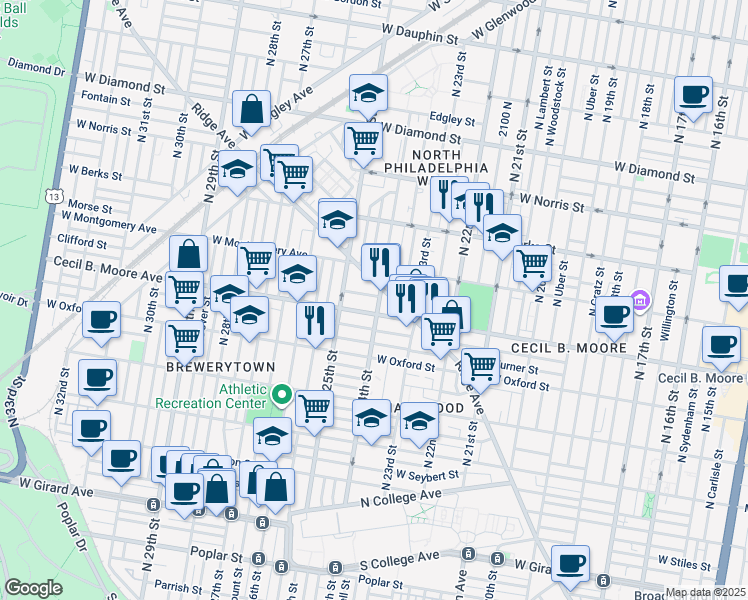 map of restaurants, bars, coffee shops, grocery stores, and more near 1716 North 24th Street in Philadelphia