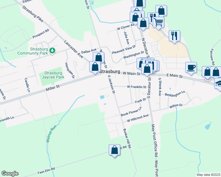 map of restaurants, bars, coffee shops, grocery stores, and more near 101 South Jackson Street in Strasburg