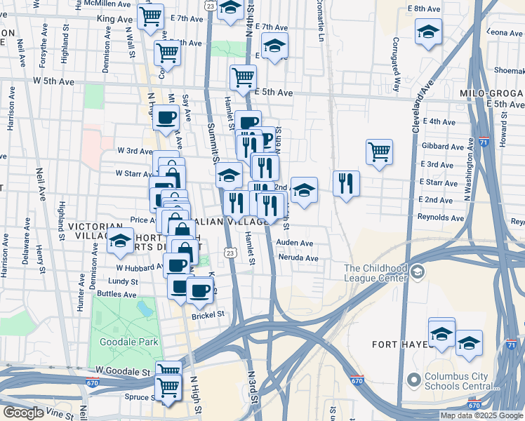 map of restaurants, bars, coffee shops, grocery stores, and more near 224 East 1st Avenue in Columbus