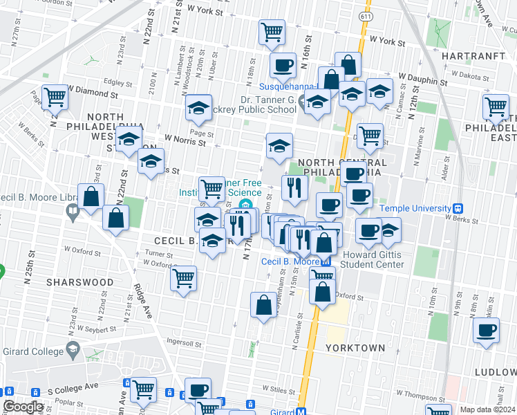 map of restaurants, bars, coffee shops, grocery stores, and more near 1817 North 17th Street in Philadelphia