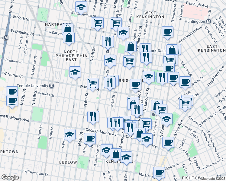 map of restaurants, bars, coffee shops, grocery stores, and more near 402 West Norris Street in Philadelphia