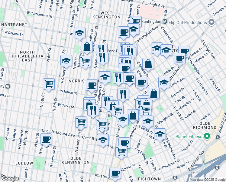 map of restaurants, bars, coffee shops, grocery stores, and more near 2038 Waterloo Street in Philadelphia