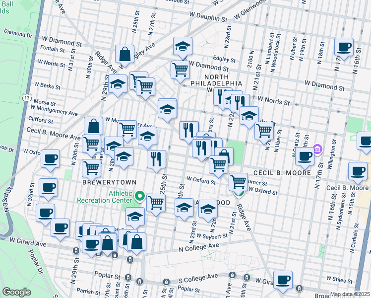 map of restaurants, bars, coffee shops, grocery stores, and more near 1716 North 24th Street in Philadelphia