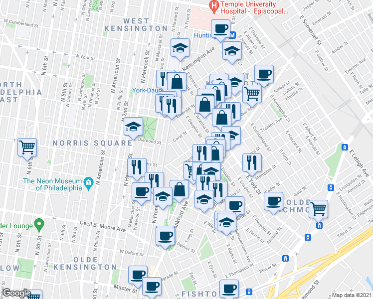 map of restaurants, bars, coffee shops, grocery stores, and more near 2082 East Susquehanna Avenue in Philadelphia
