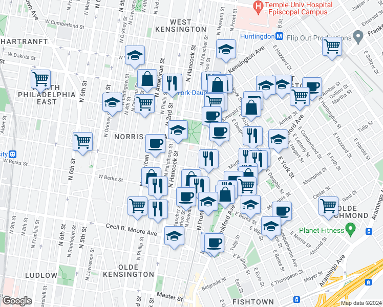map of restaurants, bars, coffee shops, grocery stores, and more near 2038 Waterloo Street in Philadelphia