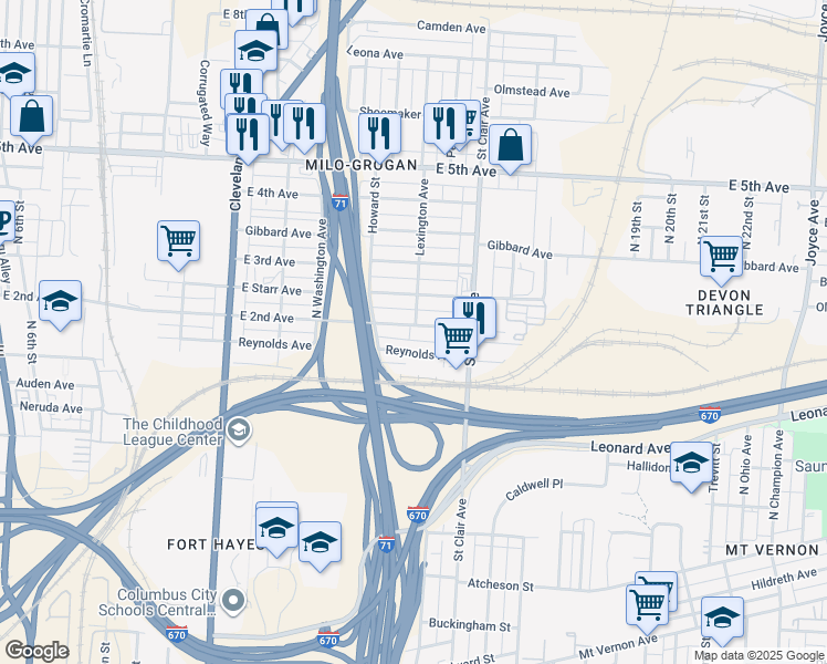 map of restaurants, bars, coffee shops, grocery stores, and more near 780 Reynolds Avenue in Columbus