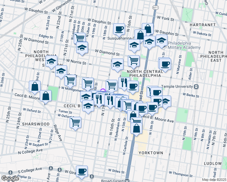 map of restaurants, bars, coffee shops, grocery stores, and more near 1825 Willington Street in Philadelphia
