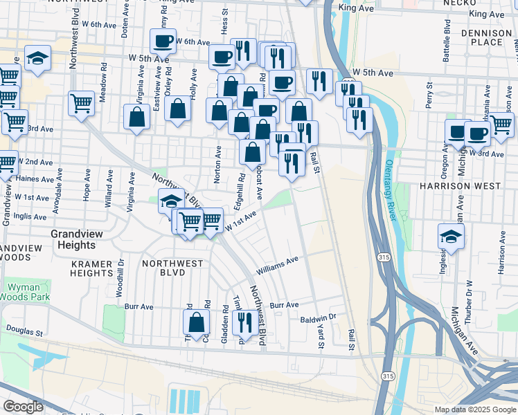 map of restaurants, bars, coffee shops, grocery stores, and more near 935 West 1st Avenue in Grandview Heights