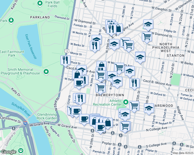map of restaurants, bars, coffee shops, grocery stores, and more near 2928 Nicholas Street in Philadelphia