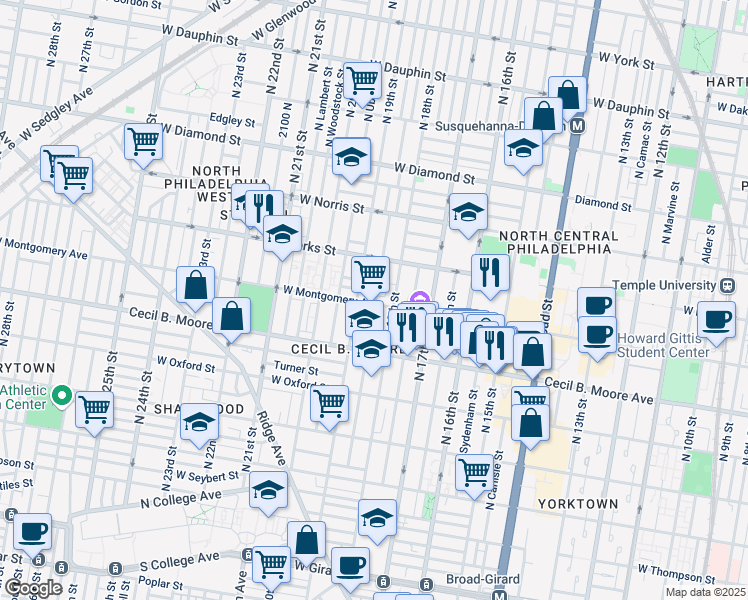 map of restaurants, bars, coffee shops, grocery stores, and more near 1811 West Montgomery Avenue in Philadelphia