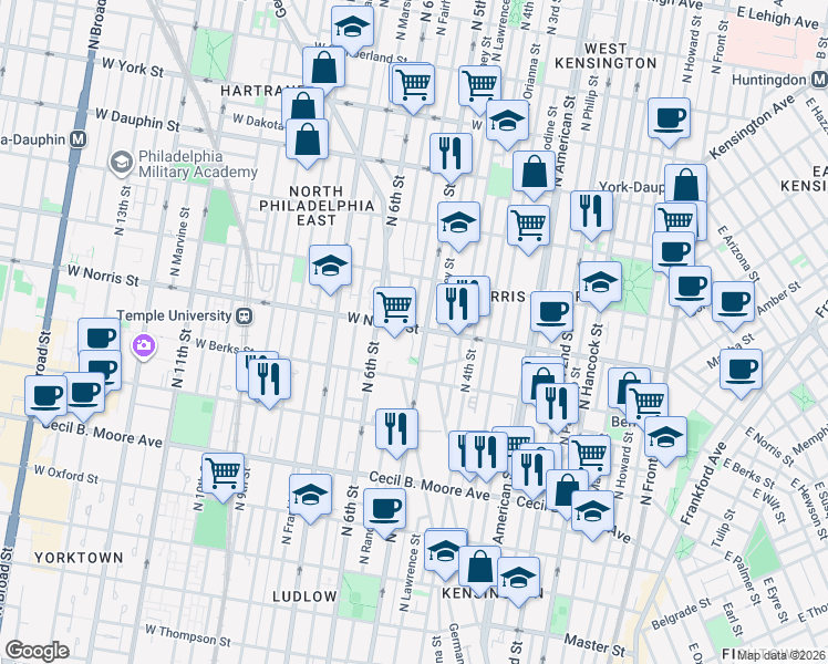 map of restaurants, bars, coffee shops, grocery stores, and more near 1937 North 5th Street in Philadelphia