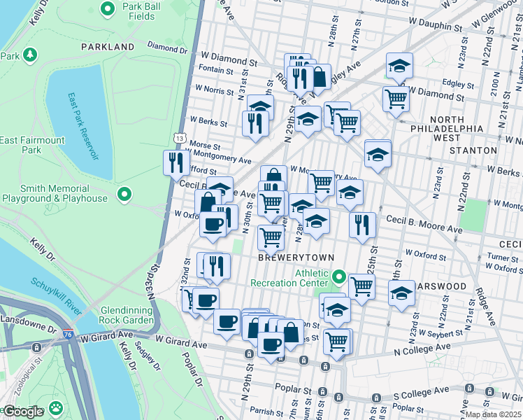 map of restaurants, bars, coffee shops, grocery stores, and more near 2928 Nicholas Street in Philadelphia