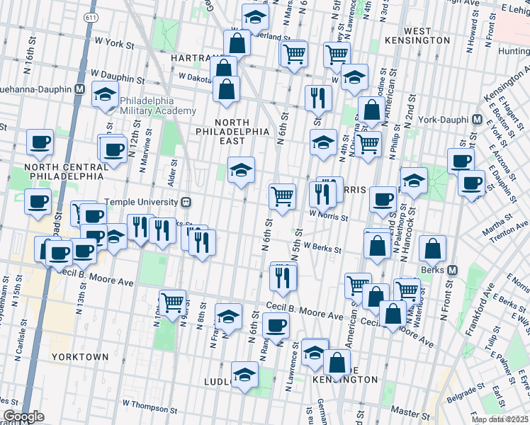 map of restaurants, bars, coffee shops, grocery stores, and more near 1950 North 6th Street in Philadelphia