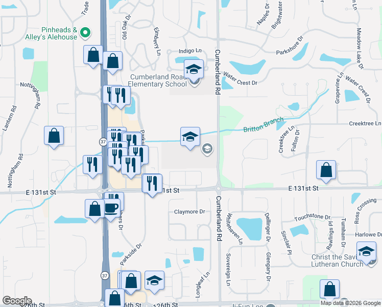 map of restaurants, bars, coffee shops, grocery stores, and more near 13257 Cumberland Rd in Fishers