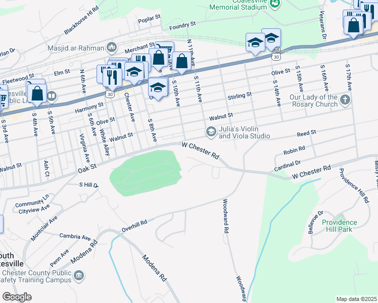 map of restaurants, bars, coffee shops, grocery stores, and more near 1002 West Chester Road in Coatesville