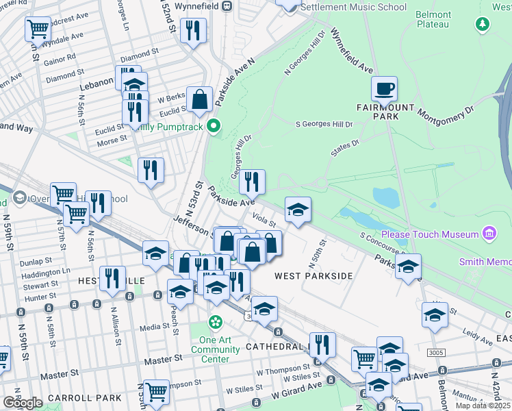 map of restaurants, bars, coffee shops, grocery stores, and more near 5172 Parkside Avenue in Philadelphia