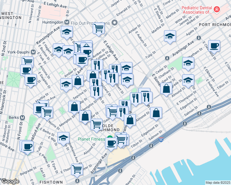 map of restaurants, bars, coffee shops, grocery stores, and more near 2339 East Huntingdon Street in Philadelphia