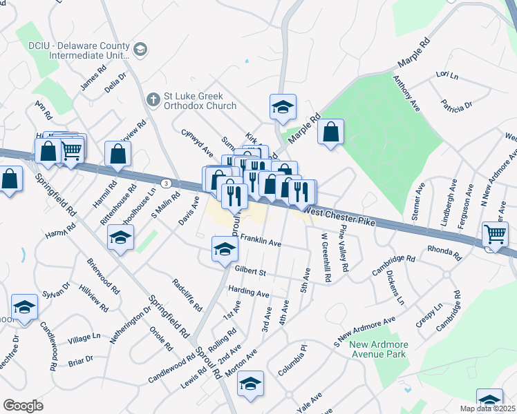 map of restaurants, bars, coffee shops, grocery stores, and more near 2560 Pennsylvania 3 in Broomall