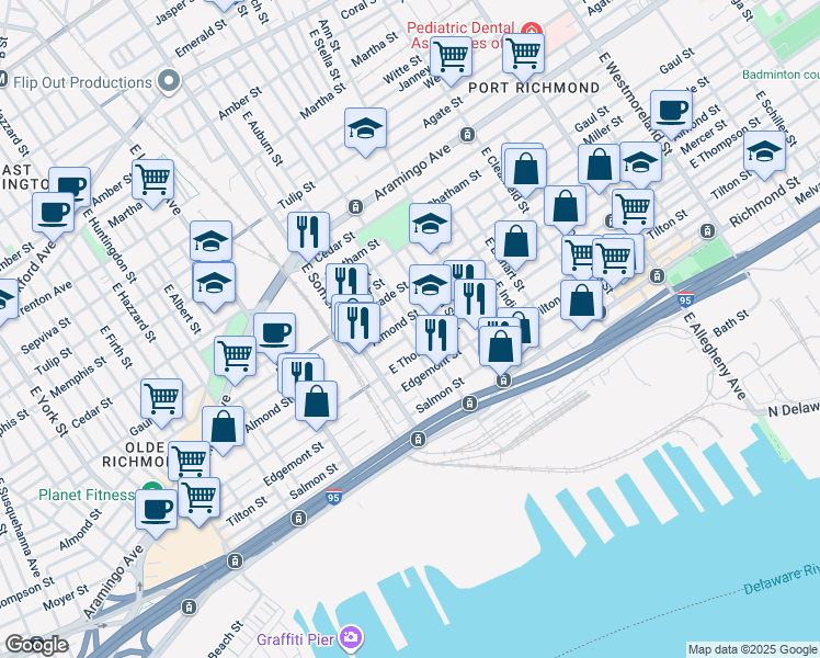 map of restaurants, bars, coffee shops, grocery stores, and more near 2606 East Cambria Street in Philadelphia