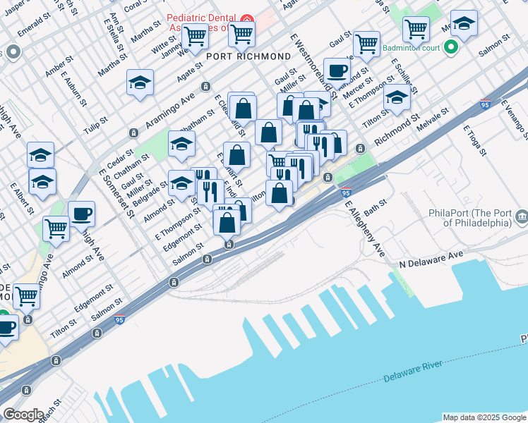map of restaurants, bars, coffee shops, grocery stores, and more near 3027 Richmond Street in Philadelphia