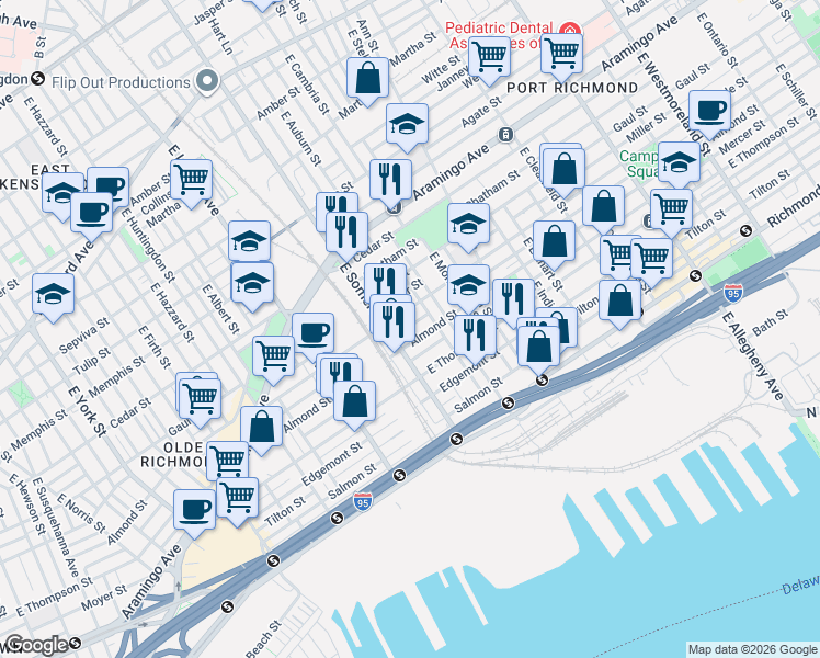 map of restaurants, bars, coffee shops, grocery stores, and more near 2820 Almond Street in Philadelphia