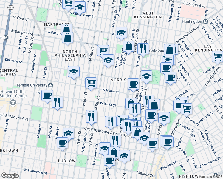 map of restaurants, bars, coffee shops, grocery stores, and more near 402 West Norris Street in Philadelphia