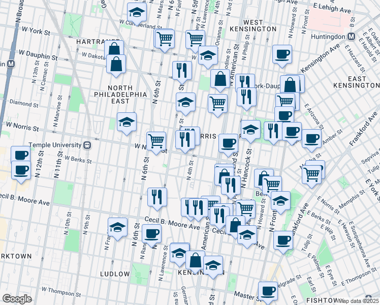 map of restaurants, bars, coffee shops, grocery stores, and more near in Philadelphia