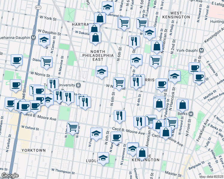 map of restaurants, bars, coffee shops, grocery stores, and more near 1950 North 6th Street in Philadelphia