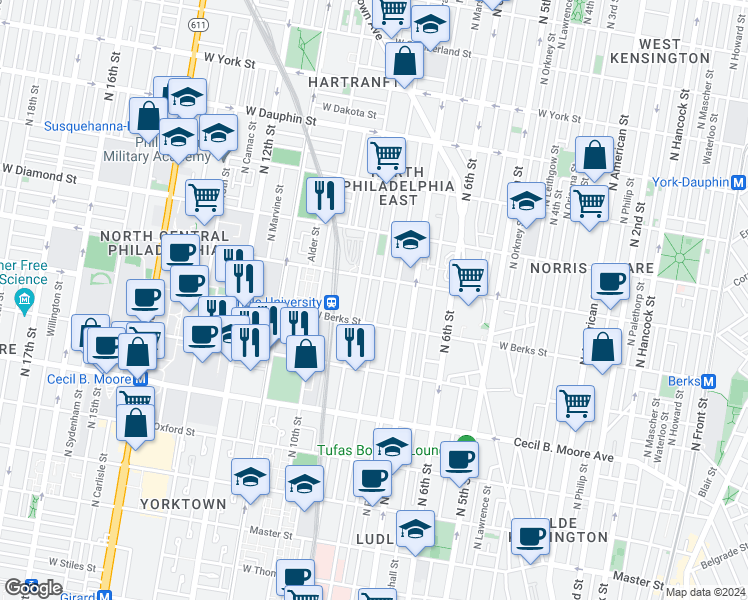 map of restaurants, bars, coffee shops, grocery stores, and more near in Philadelphia