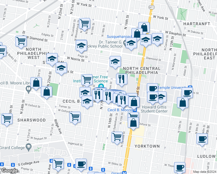 map of restaurants, bars, coffee shops, grocery stores, and more near 1725 West Montgomery Avenue in Philadelphia