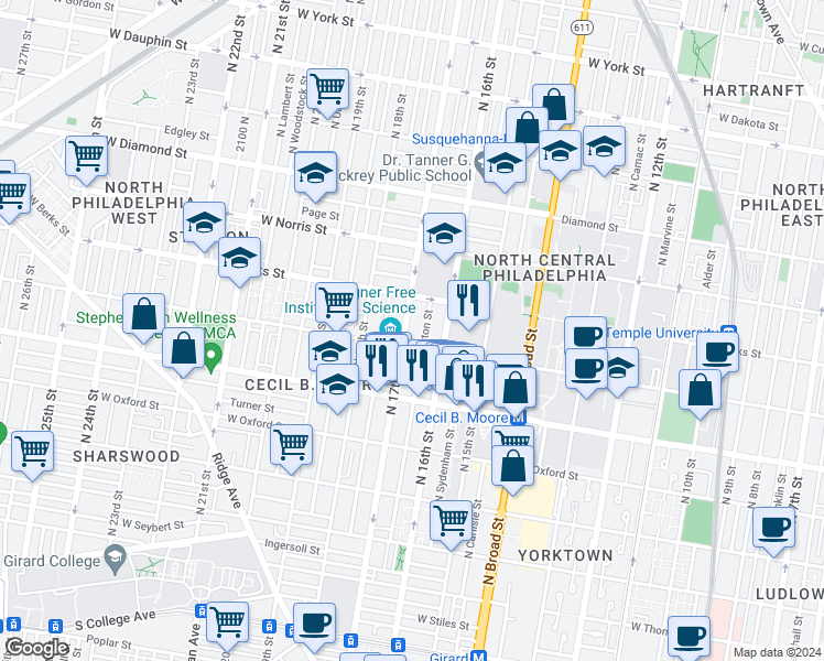 map of restaurants, bars, coffee shops, grocery stores, and more near 1819 North 17th Street in Philadelphia