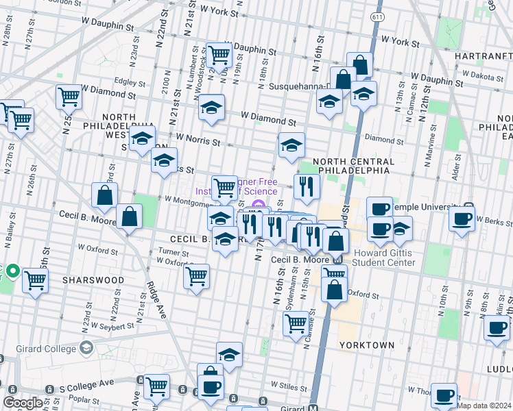 map of restaurants, bars, coffee shops, grocery stores, and more near 1731 West Montgomery Avenue in Philadelphia